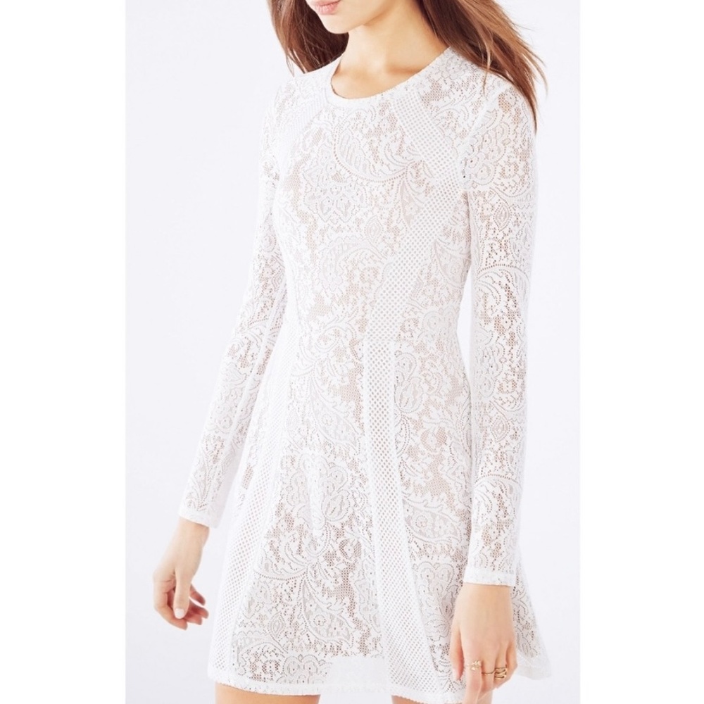 BCBGMAXAZRIA “Baylie” white lace fit and flare long sleeve mini dress